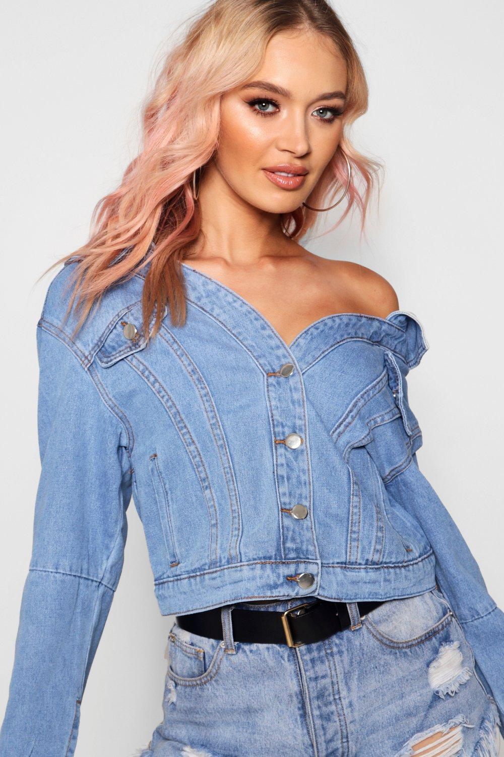 wearing jean jacket off the shoulder