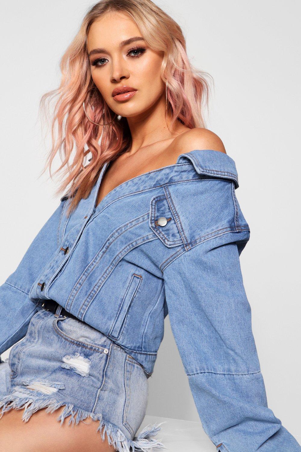 denim off the shoulder jacket