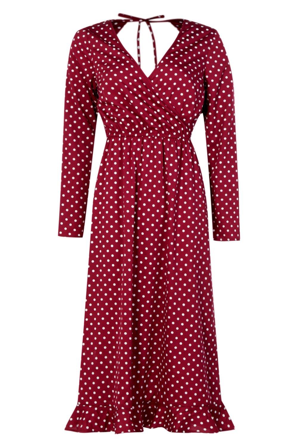 polka dot wrap front ruffle tea dress