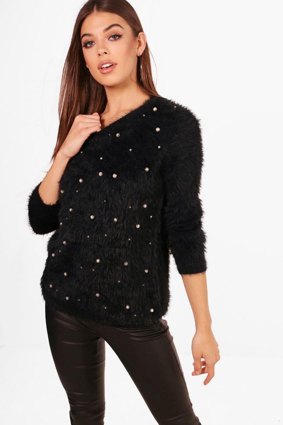Black Fluffy Knit Pearl Detail Sweater image number 1