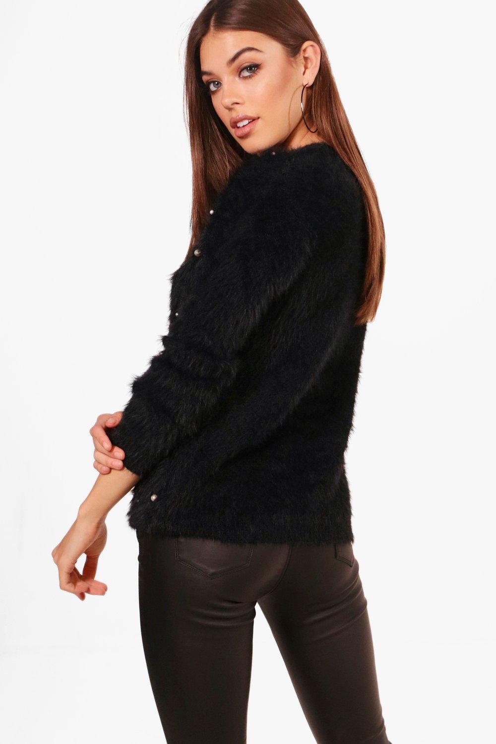 Black knit faux 2025 fur pearl detail jumper