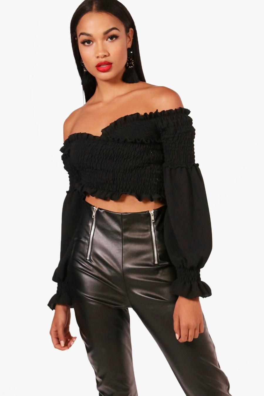 Black Shirred Wrap Flare Cuff Crop Top image number 1