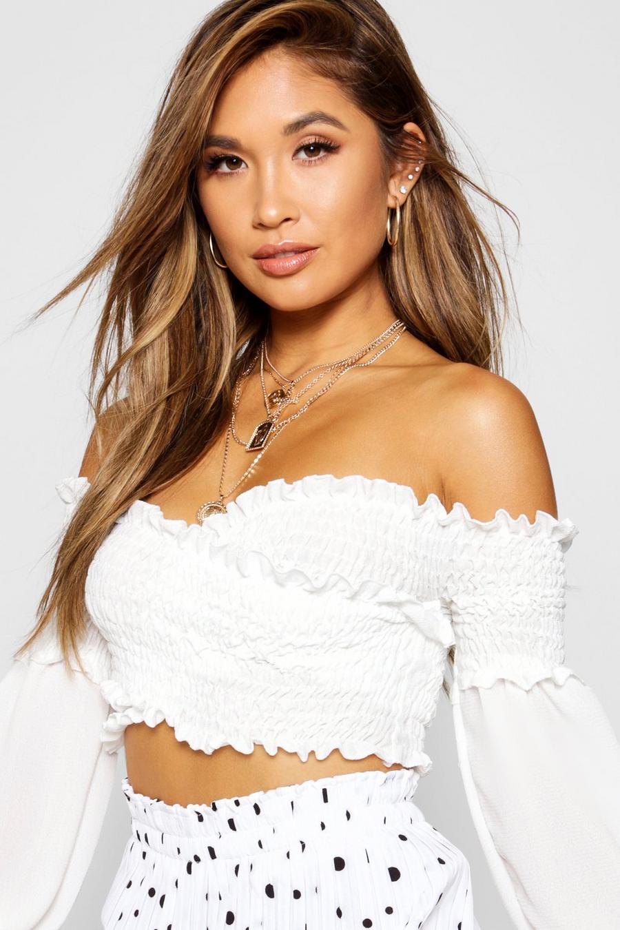 Ivory Shirred Wrap Flare Cuff Crop Top image number 1