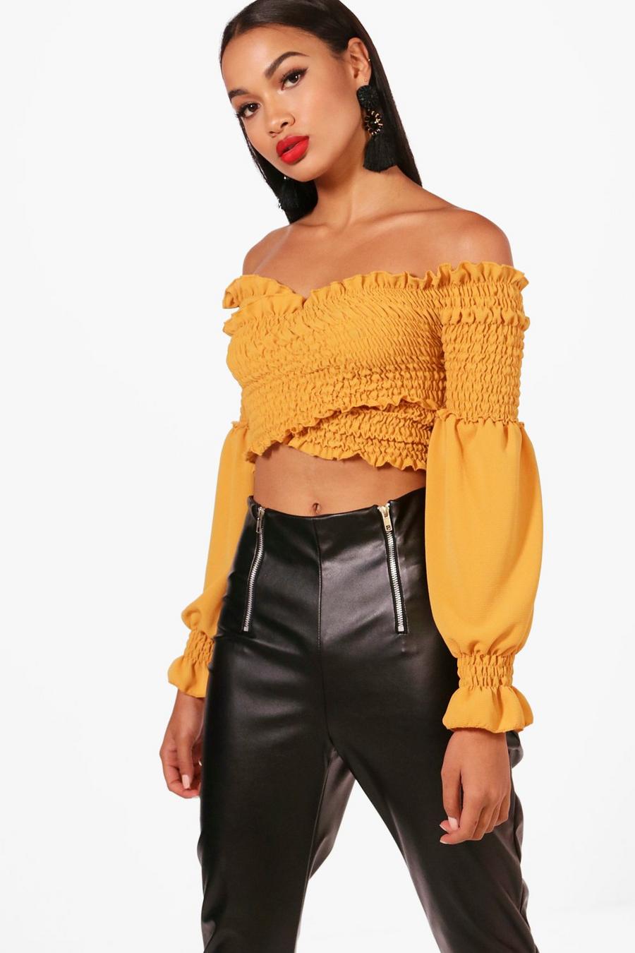 Mustard Shirred Wrap Flare Cuff Crop Top image number 1