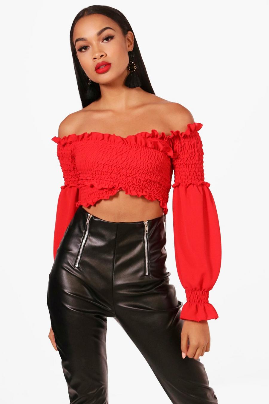 Red Shirred Wrap Flare Cuff Crop Top image number 1