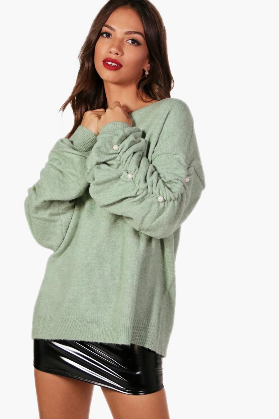Abbie Boutique Fluffy Knit Pearl Ruched Sleeve Jumper, Mint image number 1