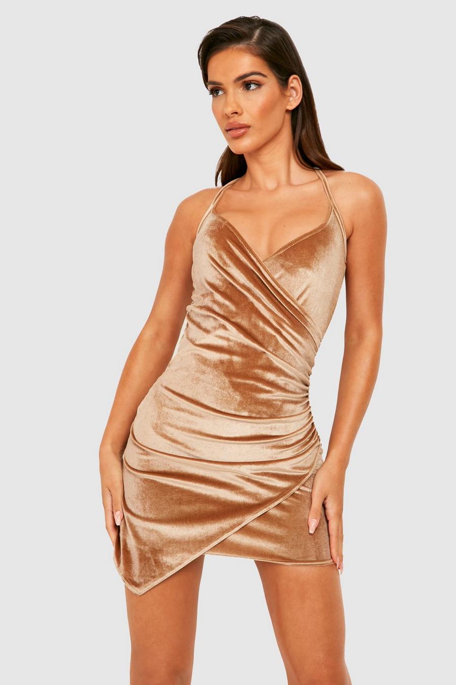 Champagne Velvet Wrap Bodycon Party Dress image number 1