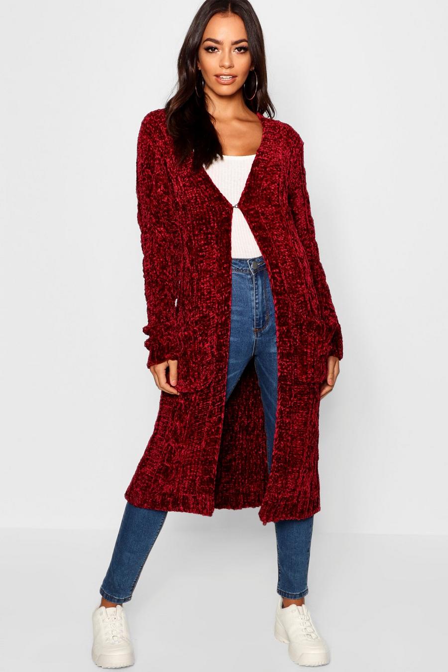 Adriana Maxi-Cardigan mit Zopfmuster in Chenille-Optik, Weinrot image number 1
