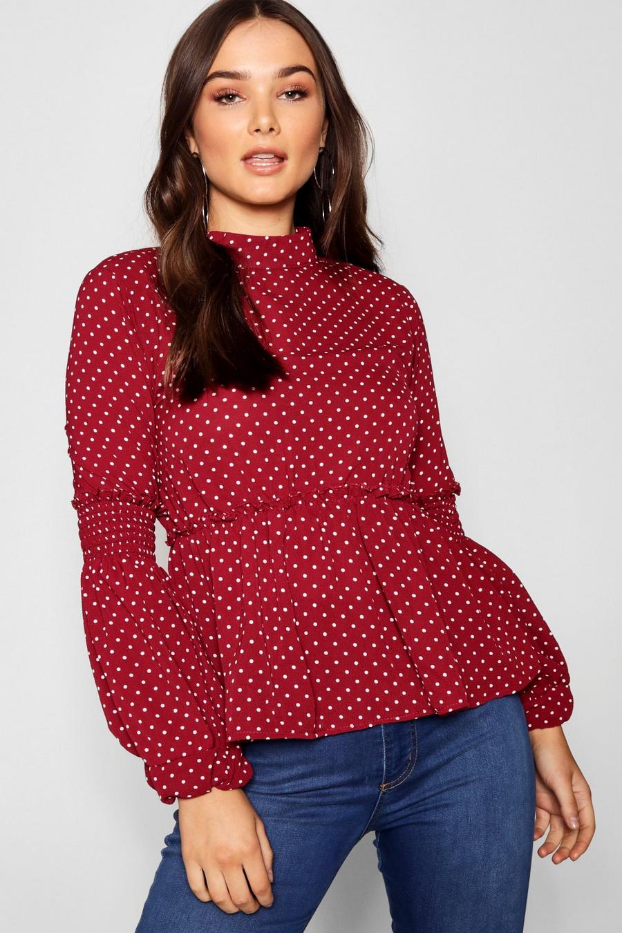 Berry Polka Dot Sheared Balloon Sleeve Blouse image number 1