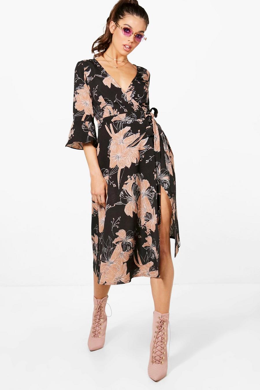 Wrap Ruffle Sleeve Floral Midi Dress image number 1