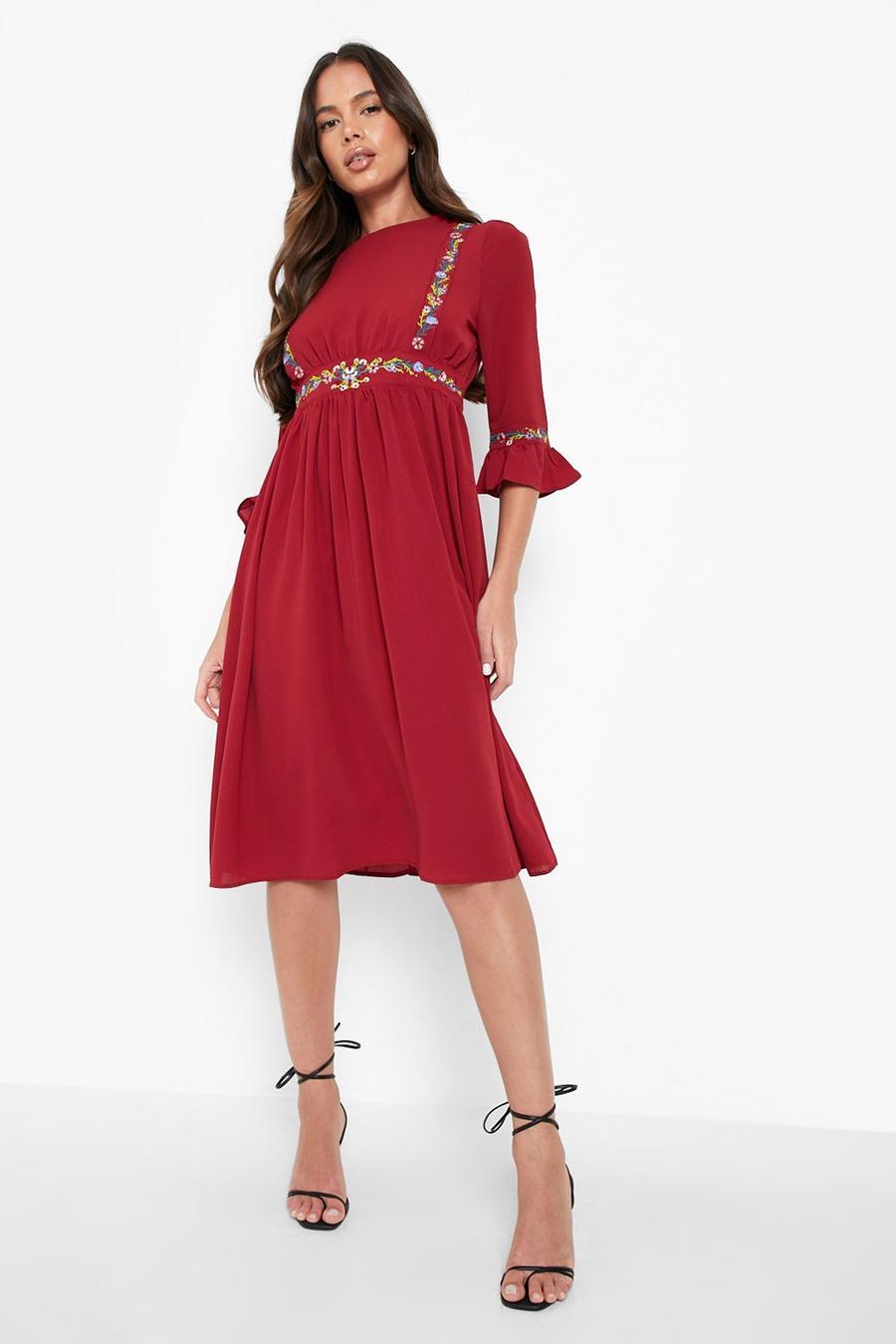 Berry red Embroidered Ruffle Sleeve Midi Dress