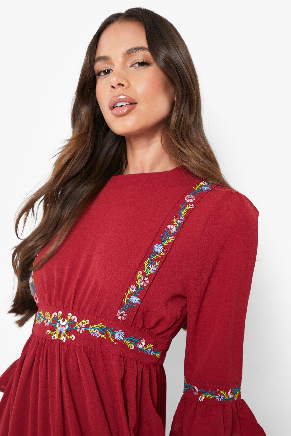 embroidered ruffle sleeve midi dress