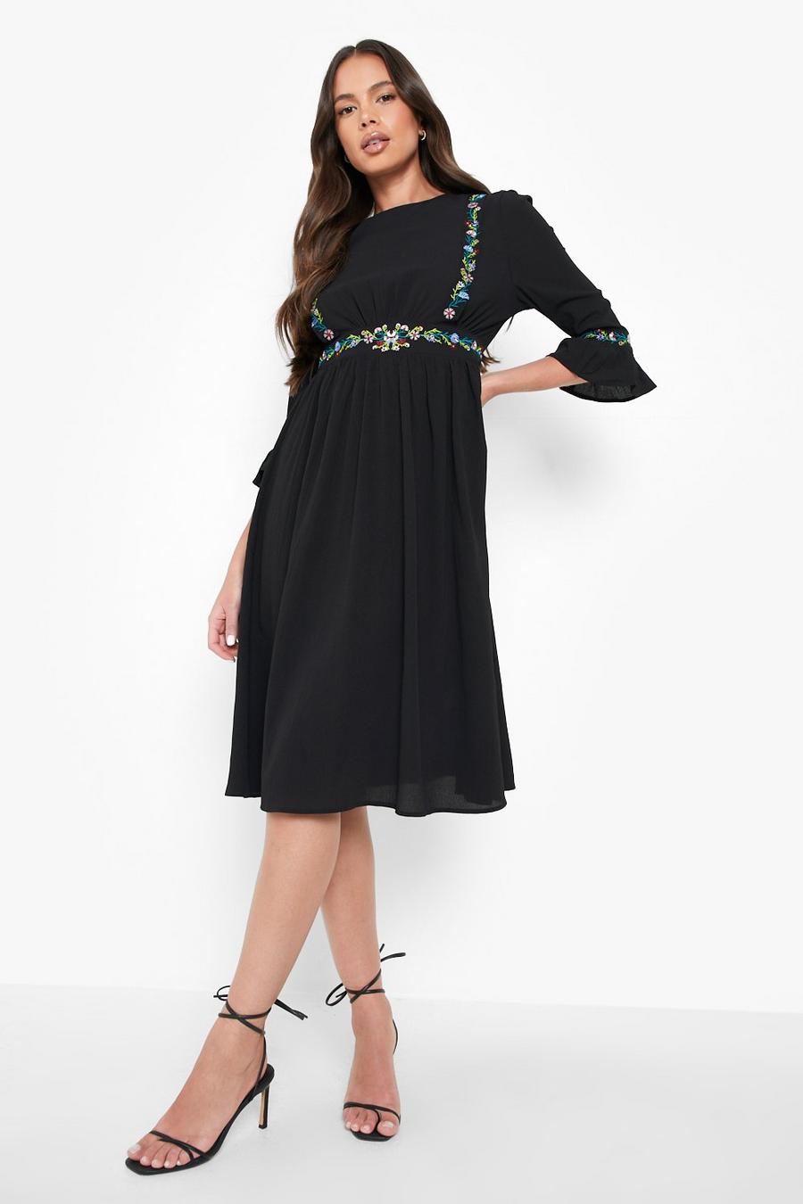 Black Embroidered Ruffle Sleeve Midi Dress