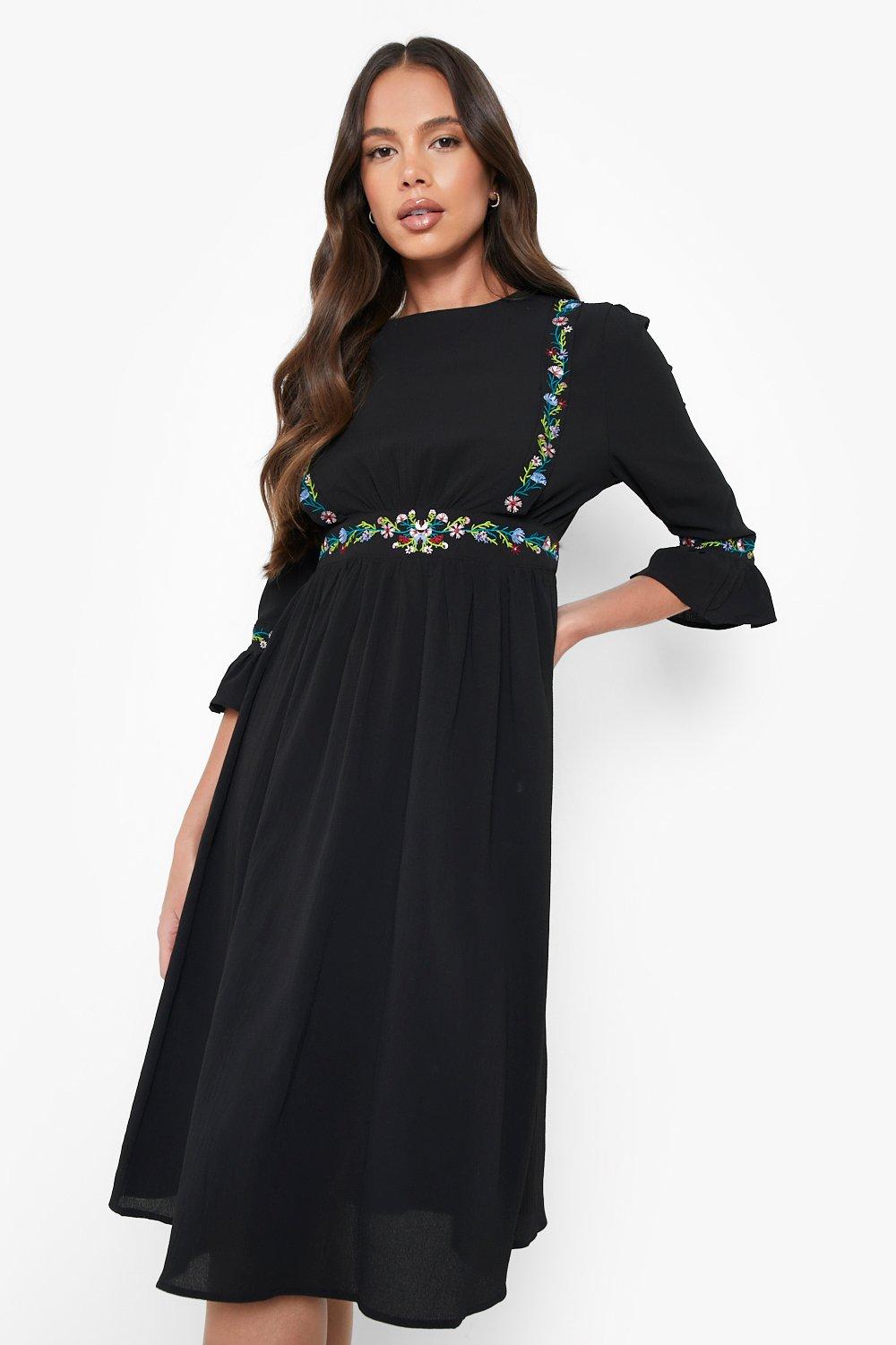 Women s Embroidered Ruffle Sleeve Midi Dress Boohoo UK