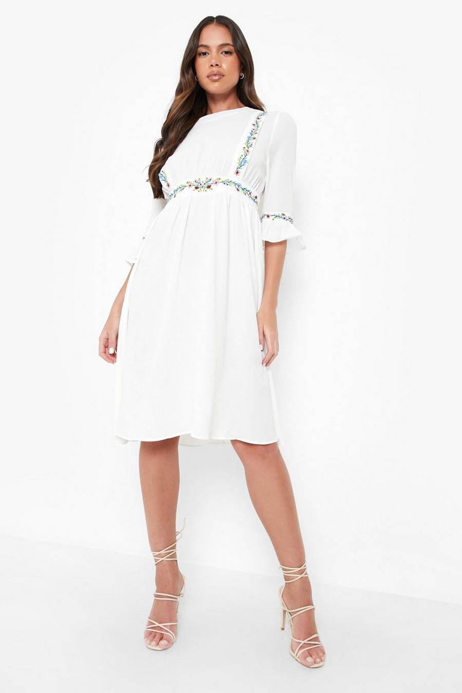 White Embroidered Ruffle Sleeve Midi Dress image number 1