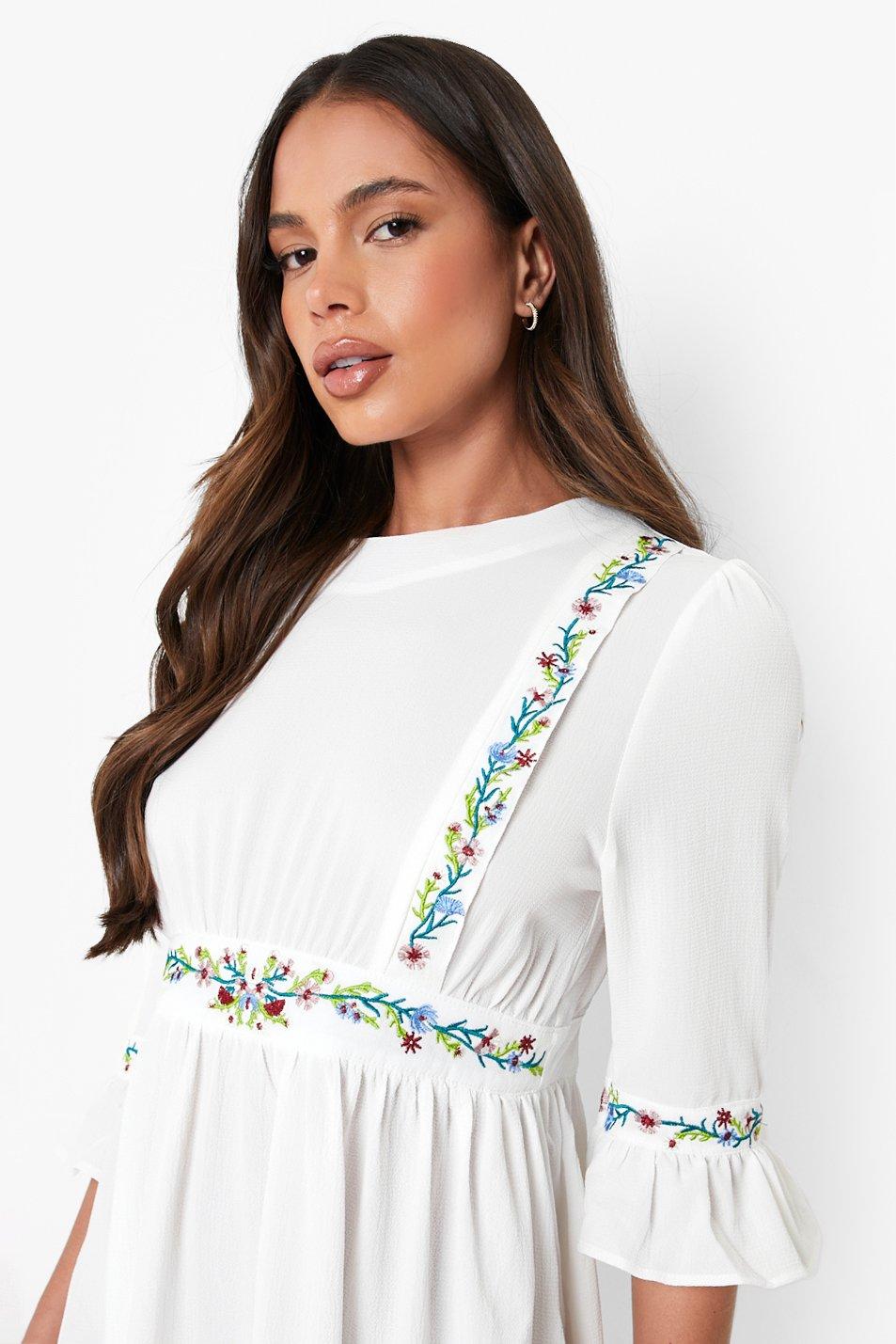 Embroidered ruffle 2025 sleeve midi dress