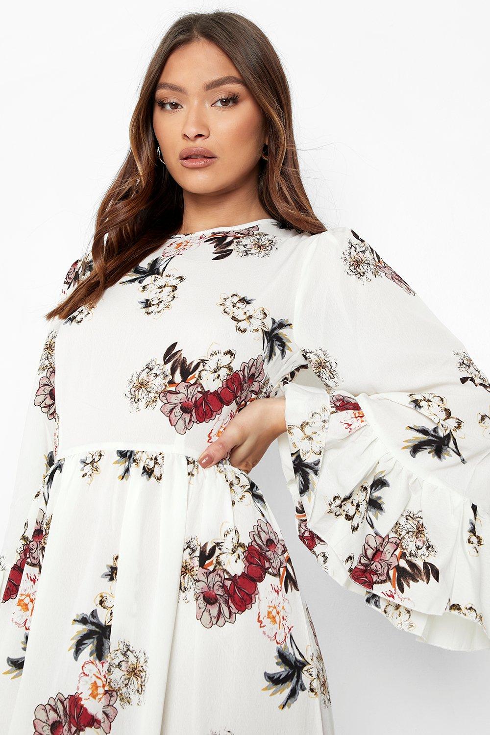 Ruffle sleeve floral clearance dress