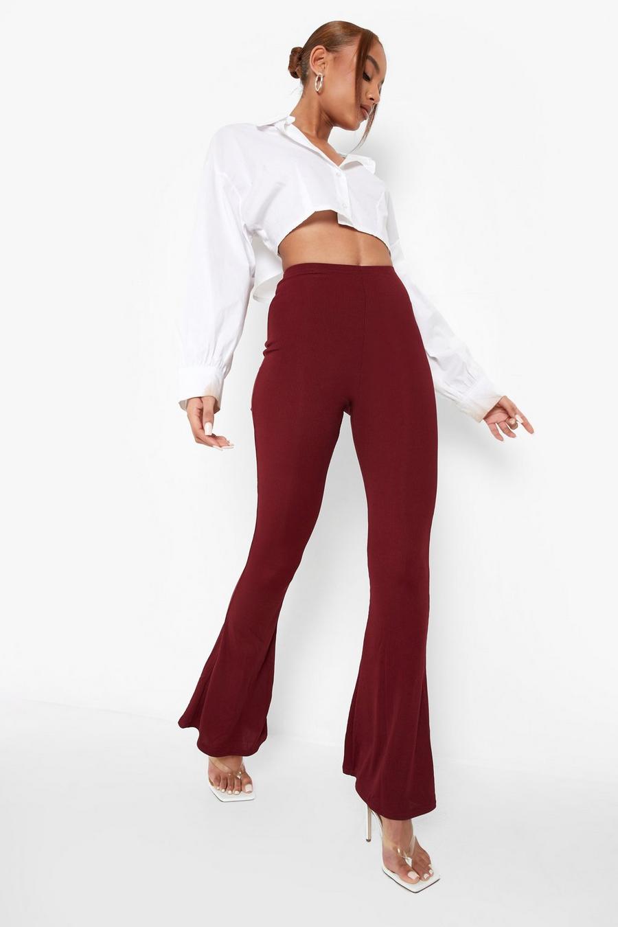 Berry Basics High Waisted Ribbed Skinny Flared Trousers image number 1