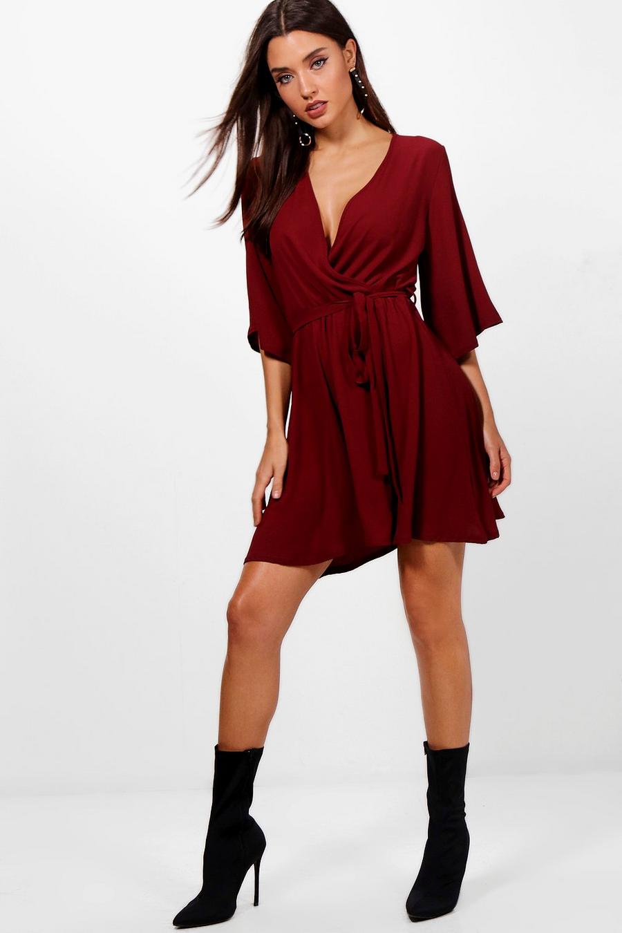 Berry Wrap Front Belted Wide Sleeve Dress image number 1