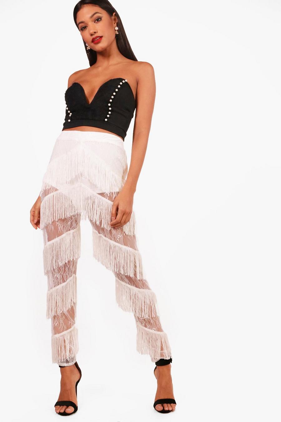 Ivory Woven Extreme Tassel Pants image number 1