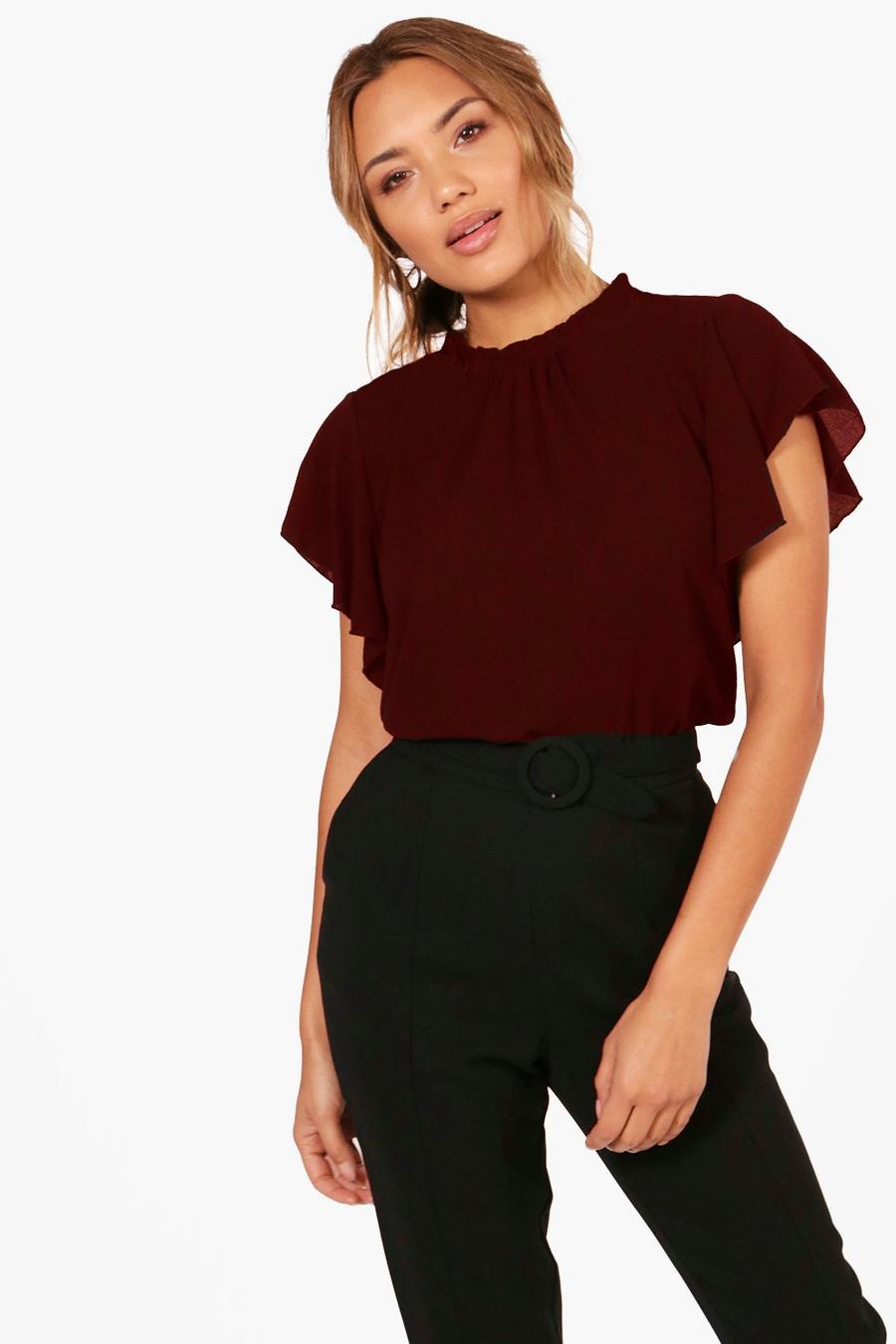 Berry Woven Frill Sleeve And Neck Blouse image number 1
