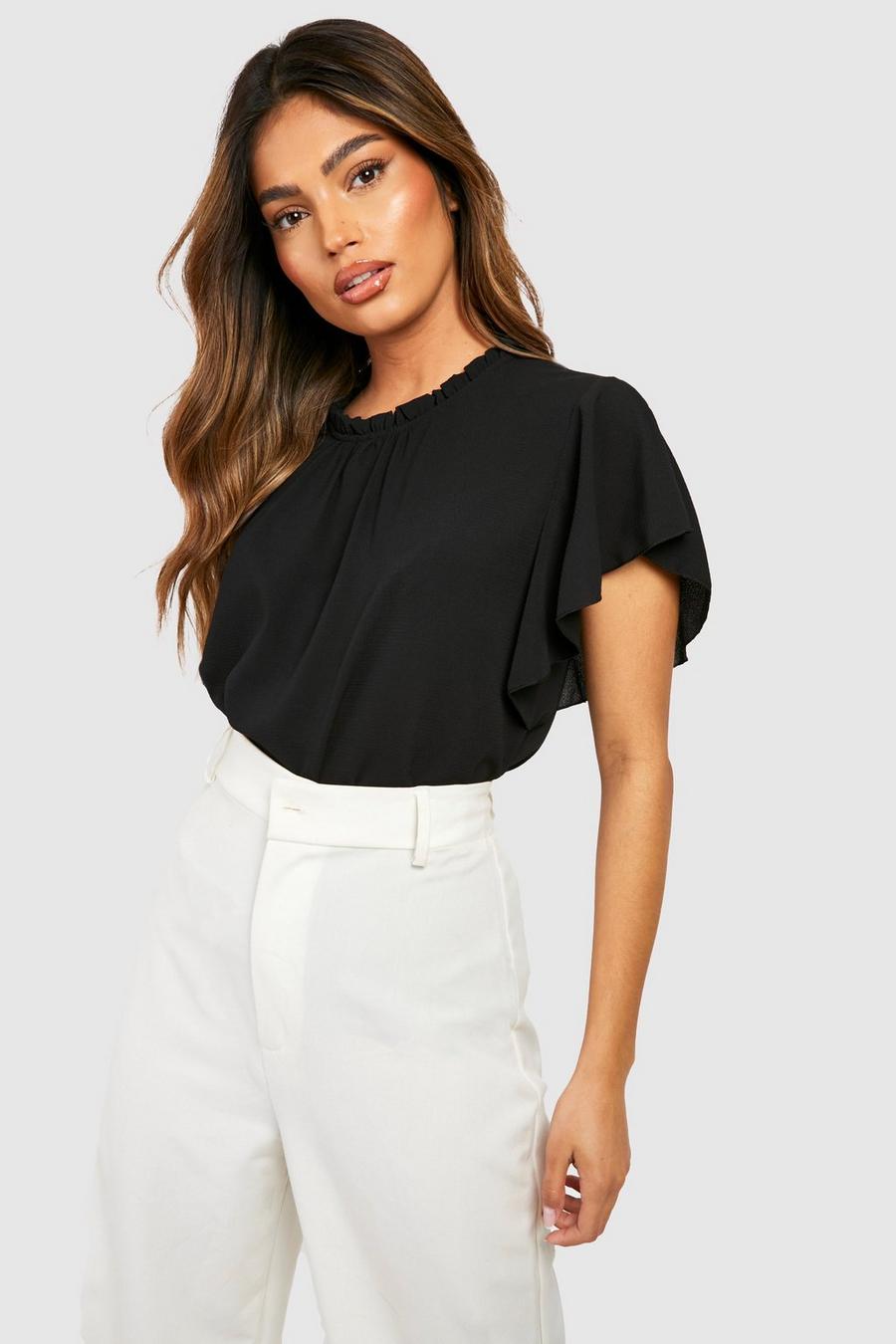 Black Woven Frill Sleeve And Neck Blouse