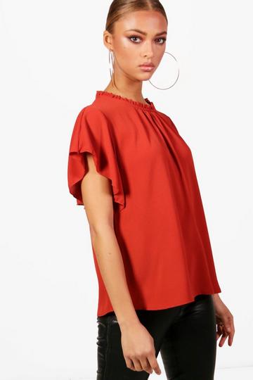 Woven Frill Sleeve And Neck Blouse brick