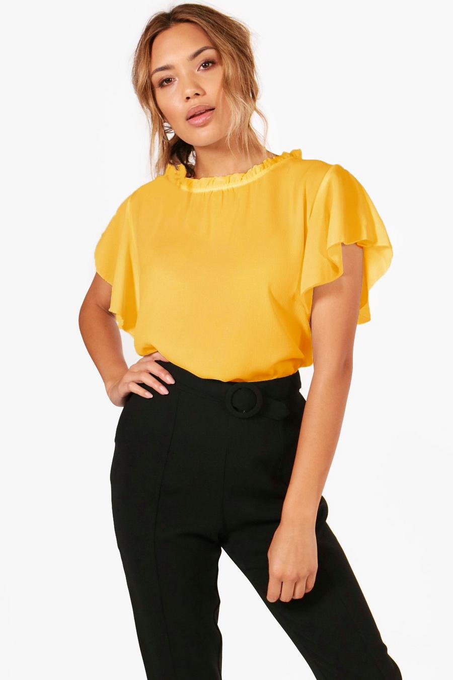 Mustard Woven Frill Sleeve And Neck Blouse image number 1