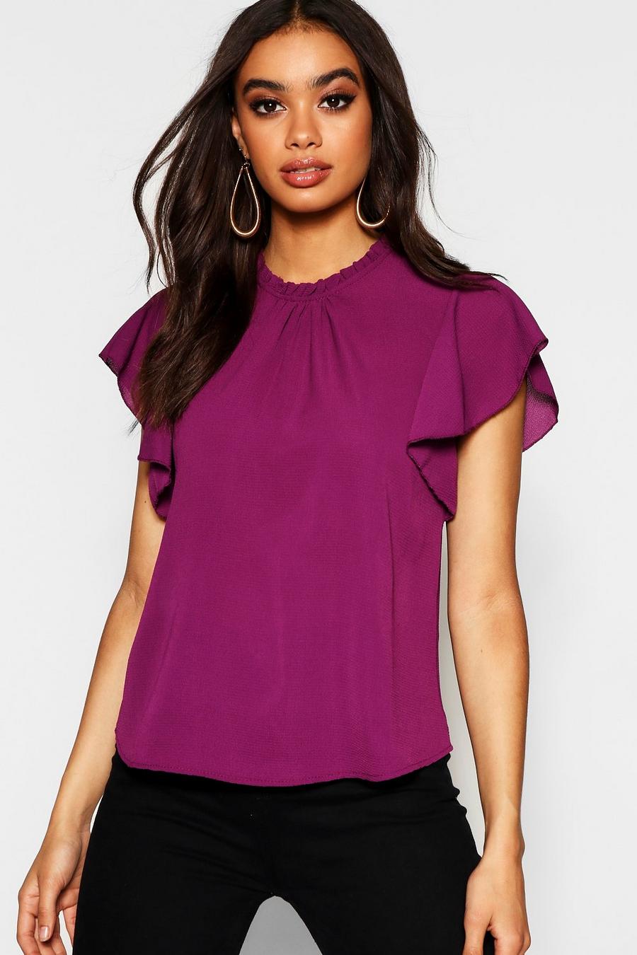 Plum Woven Frill Sleeve And Neck Blouse image number 1