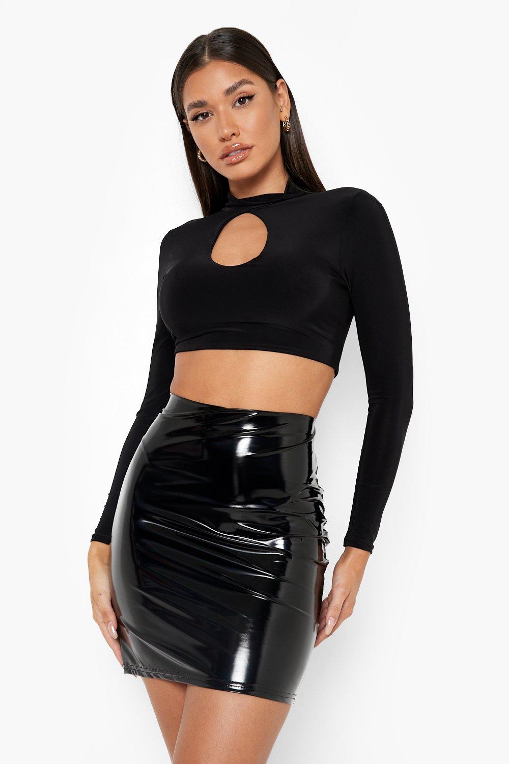 Black vinyl flare skirt sale