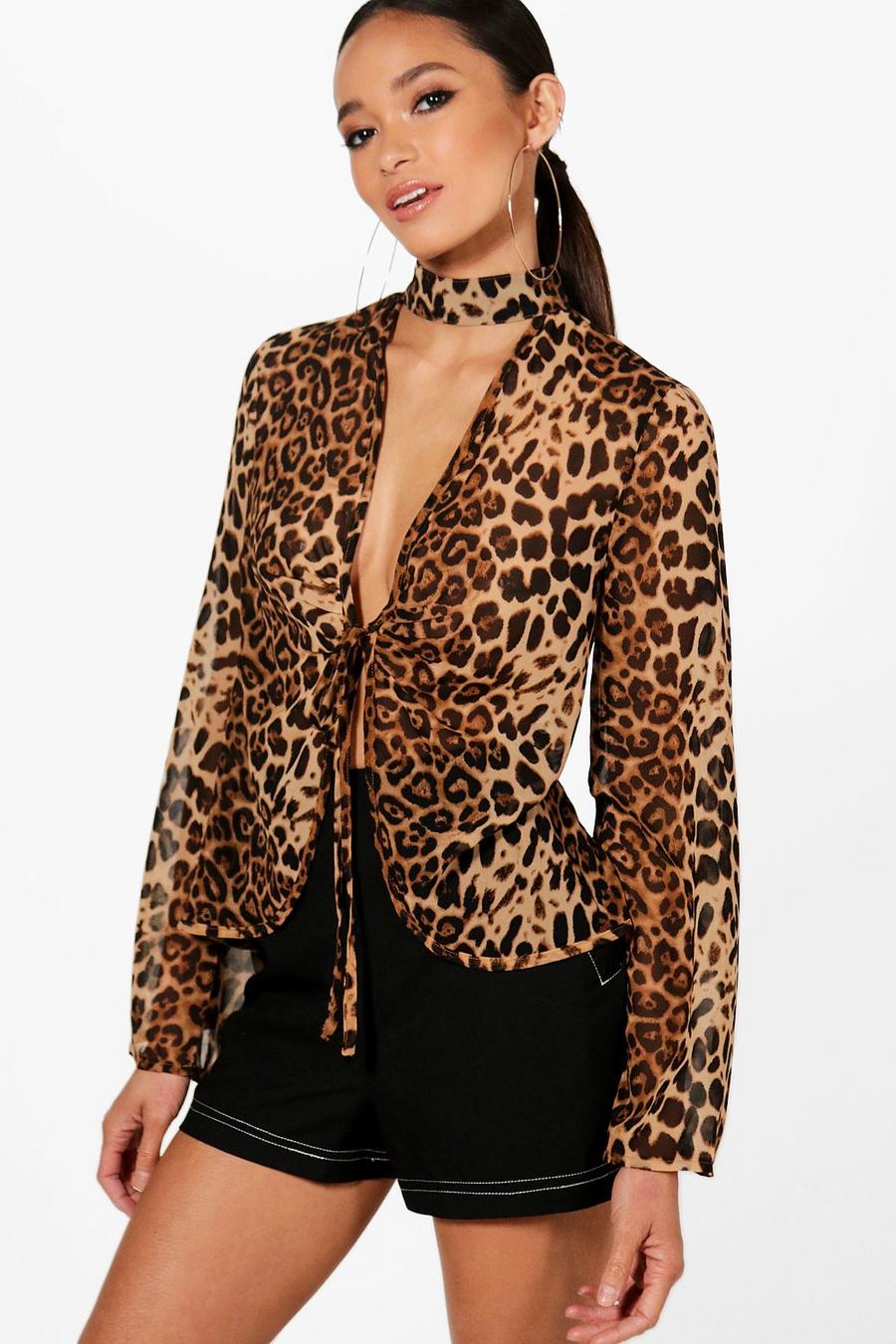 Tan Leopard Choker Tie Front Blouse image number 1