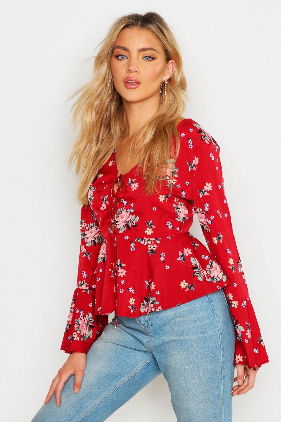 Red Printed Lace Up Flare Sleeve Blouse image number 1