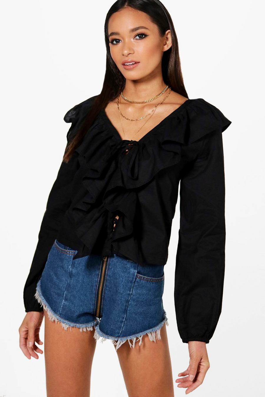 Black Plunge Lace Up Woven Ruffle Blouse image number 1