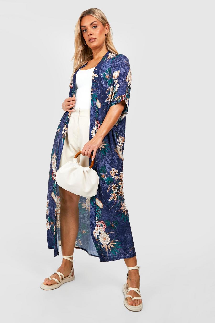 Kimono maxi con stampa a fiori, Azzurro image number 1