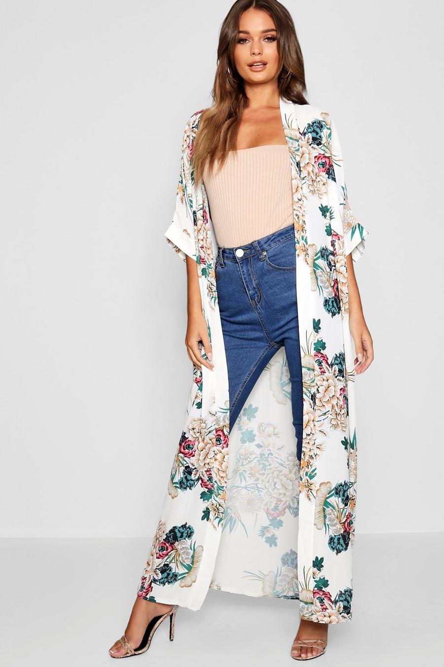 Maxi-Kimono mit Blumenprint, Creme image number 1