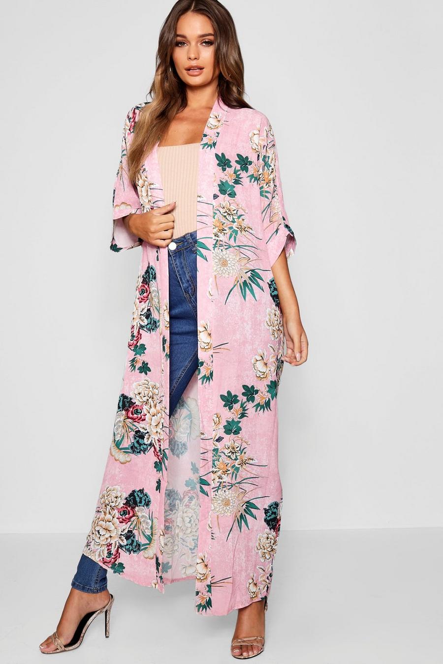 Maxi-Kimono mit Blumenprint, Rosé image number 1