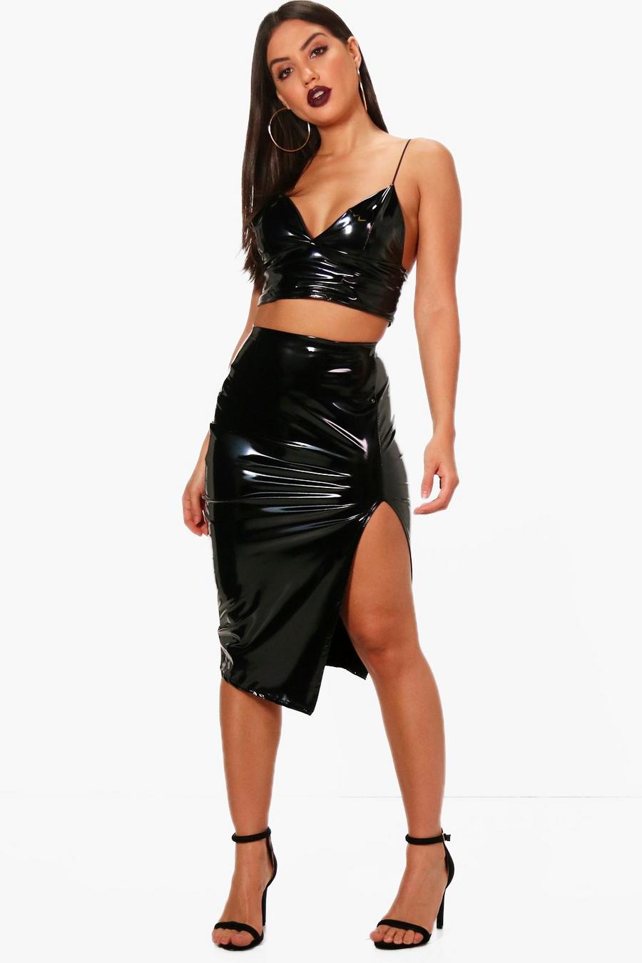 Thigh Split Vinyl Midi Skirt image number 1