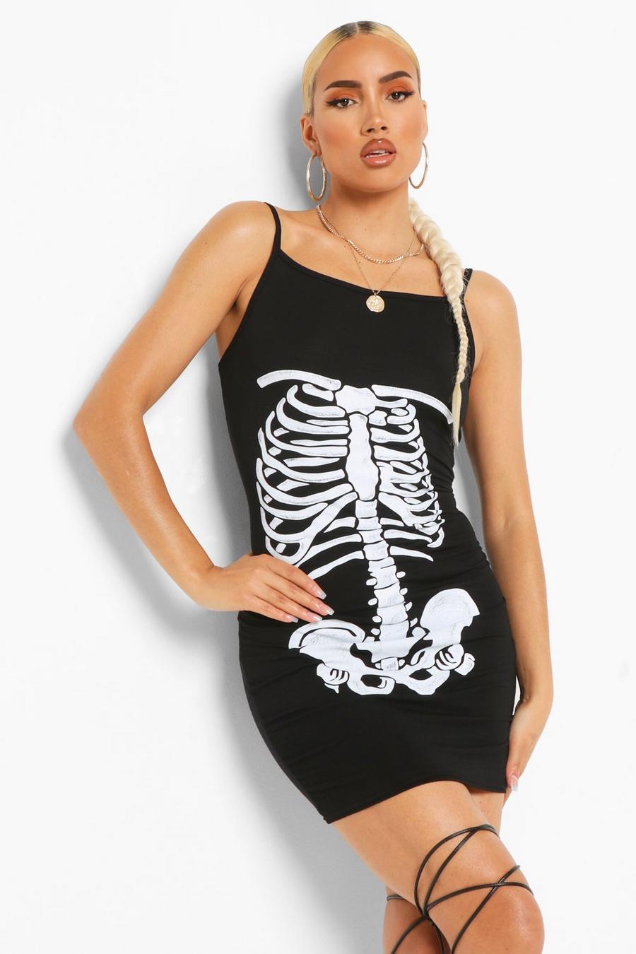 Halloween-Bodyconkleid mit Skelett-Print, Schwarz image number 1