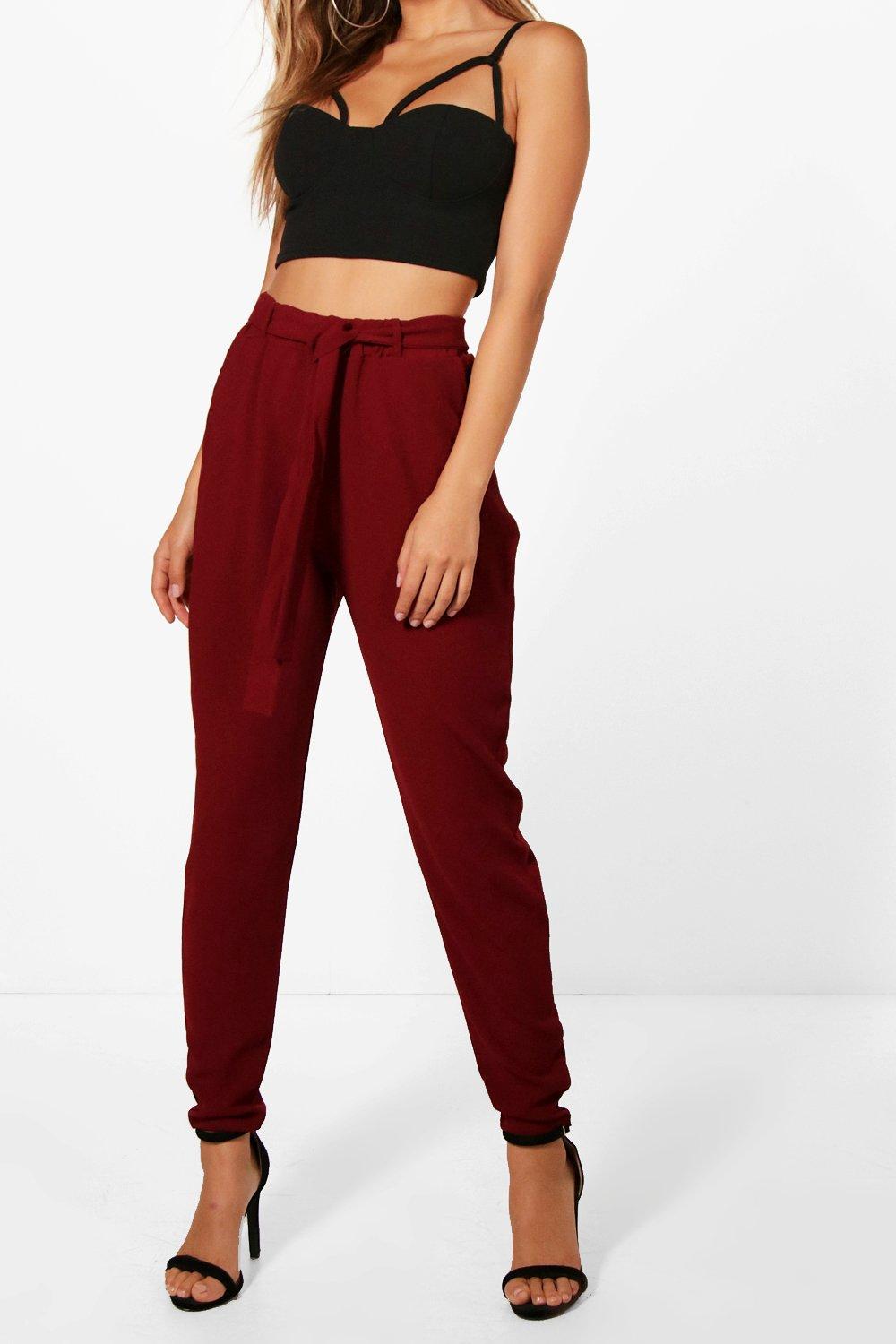 Tie Waist Woven Crepe Slim Fit Pants boohoo USA