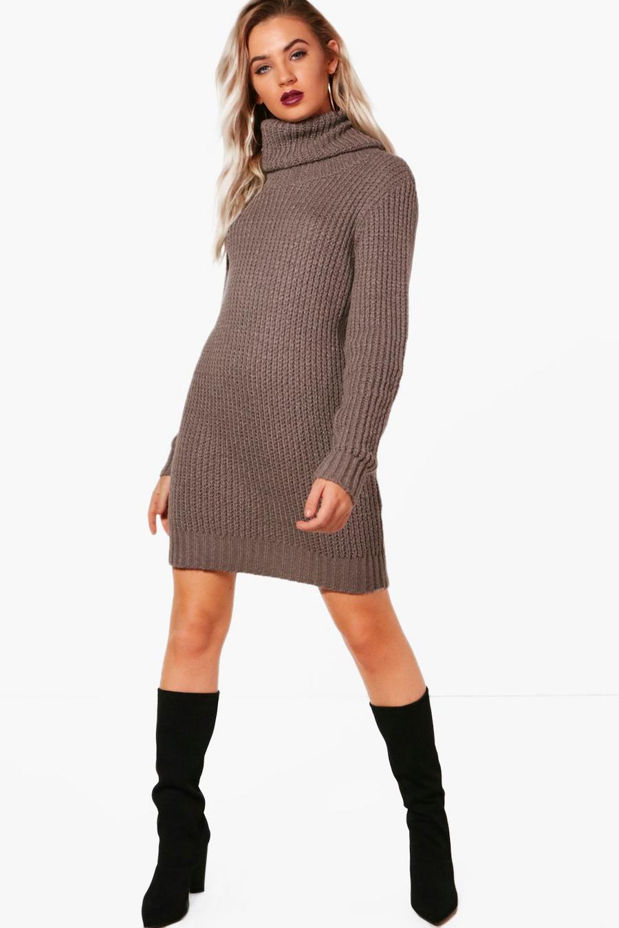 Grey Oversized Soft Knit Cowl Neck Sweater Dress image number 1