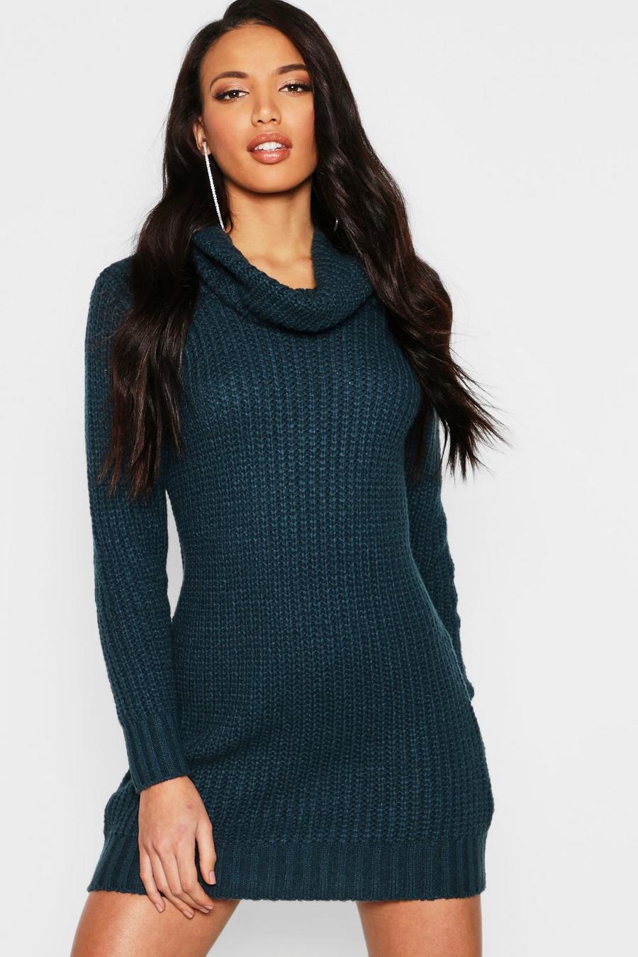 Teal Oversized Soft Knit Cowl Neck Sweater Dress image number 1