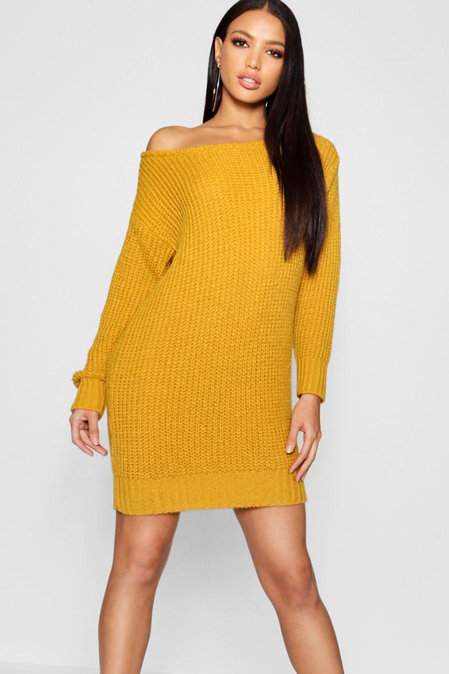 Mustard Soft Knit Slash Neck Jumper Dress image number 1