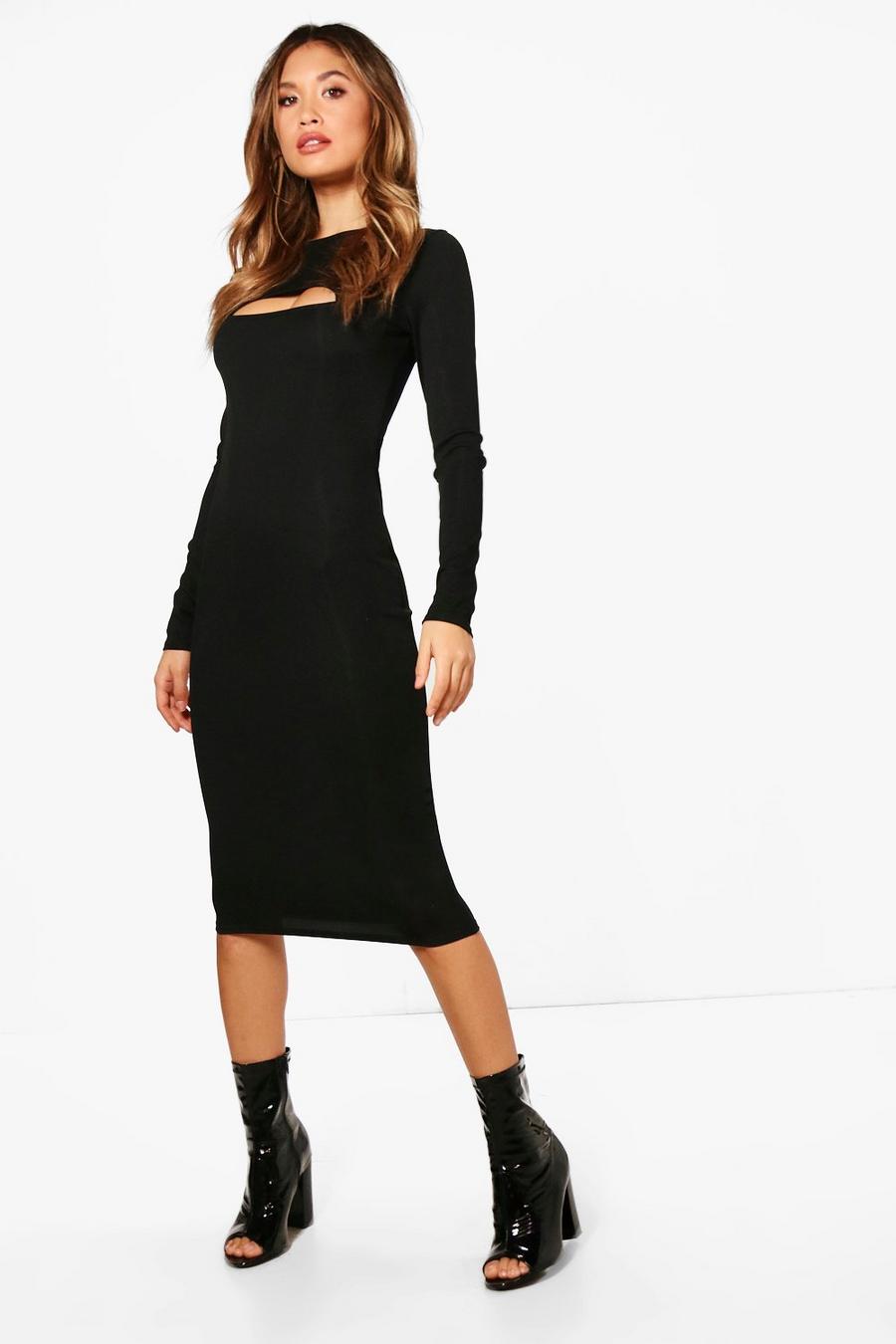 Ribbed Cut Out Midi Dress, Black image number 1