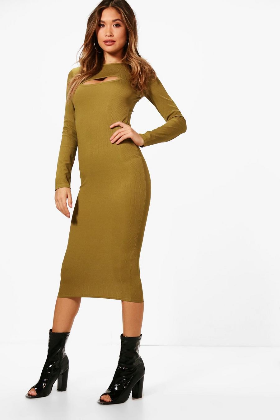 Green olive Ribbed Cut Out Midi Dress image number 1