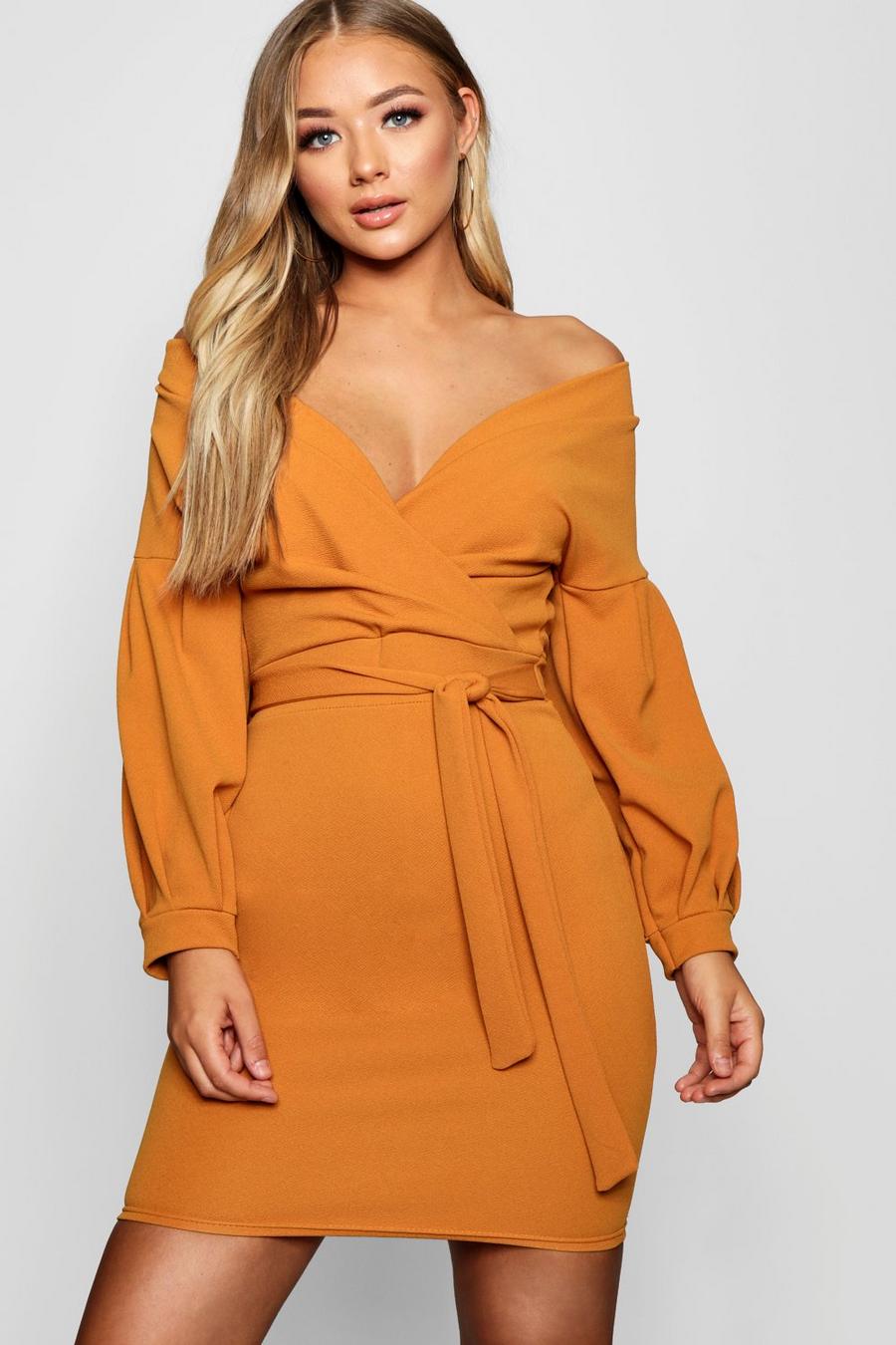 Amber orange Off the Shoulder Wrap Bodycon Dress