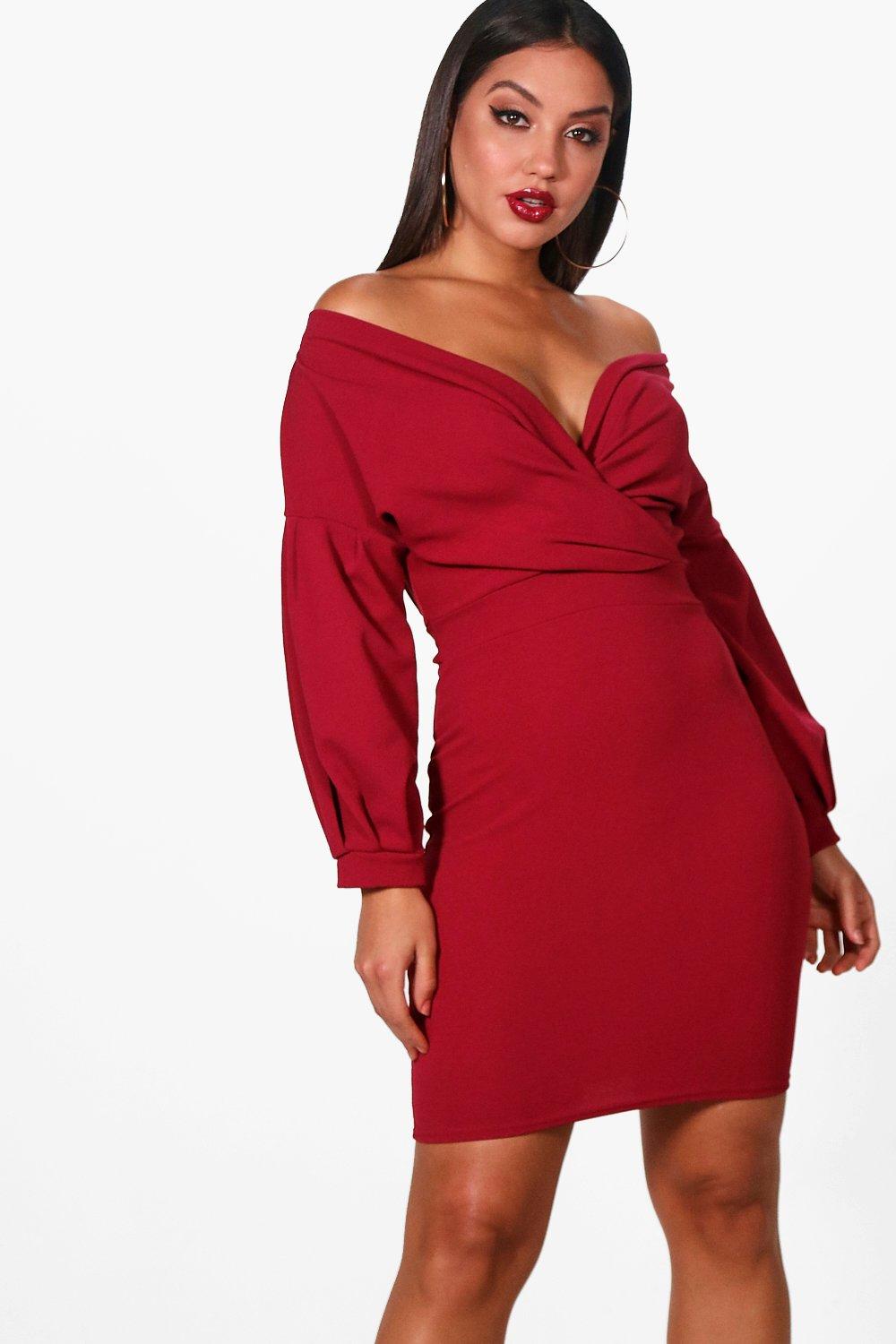 Boohoo red off hot sale shoulder dress