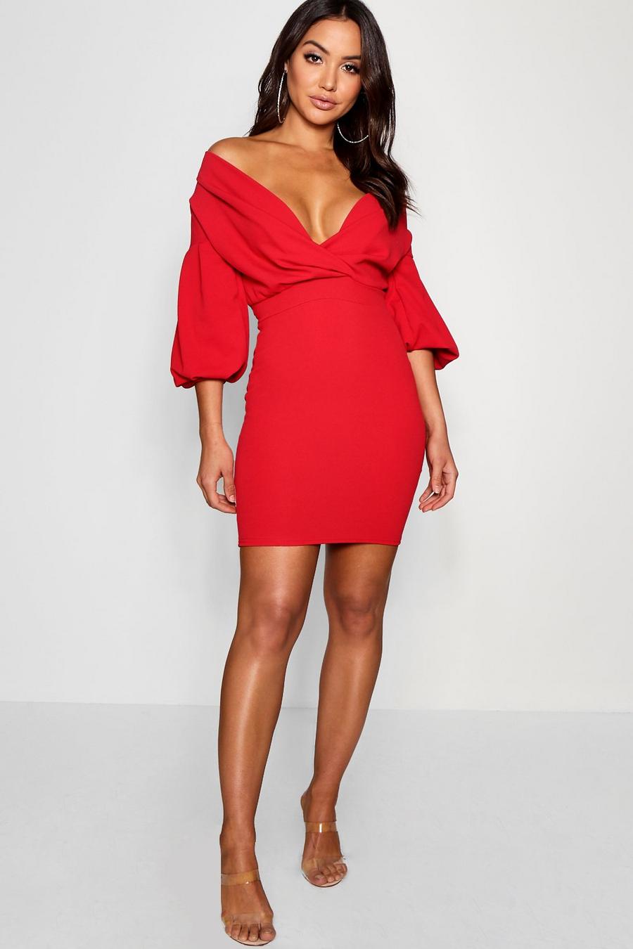 Red Off the Shoulder Wrap Bodycon Dress image number 1