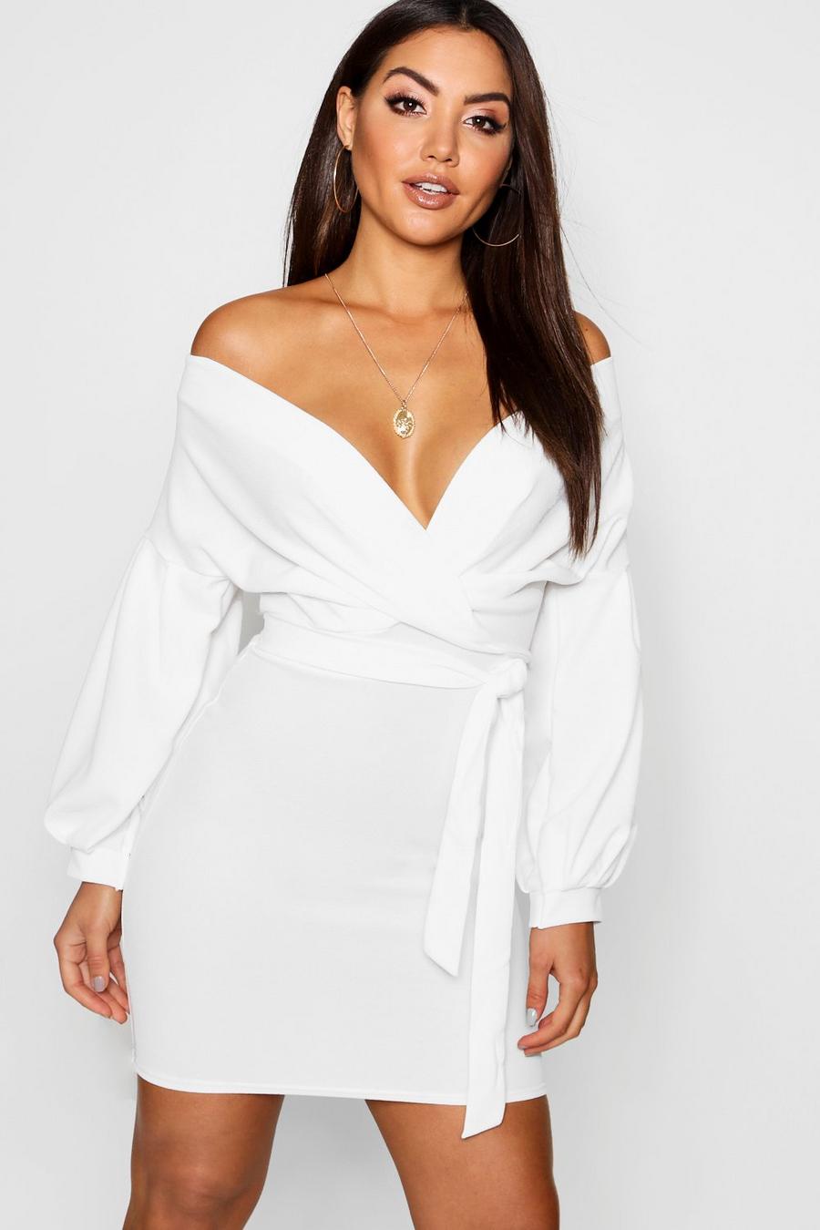 White Off The Shoulder Wrap Bodycon Dress image number 1