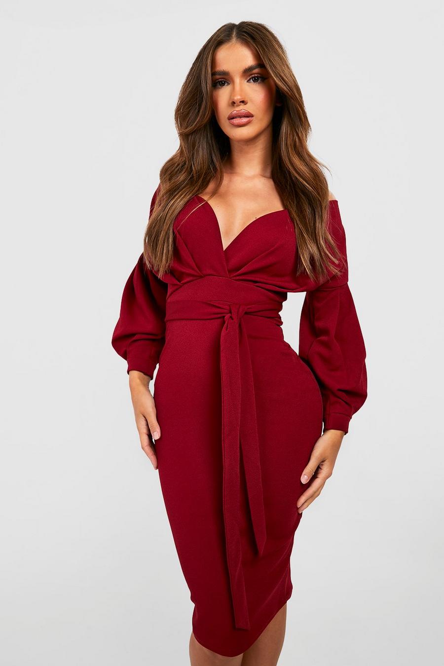 Berry red Off the Shoulder Wrap Midi Dress