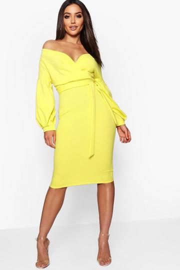 Chartreuse Yellow Off the Shoulder Wrap Midi Dress